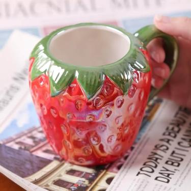 Imagem de A.F.N.A.L Caneca de cerâmica para casa e escritório, xícara de frutas de porcelana criativa com alça para café, chá, suco, leite e água, 500 ml caneca em forma de morango presente