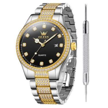 Imagem de OLEVS Relógio masculino luxuoso banhado a ouro com strass de cristal de aço inoxidável analógico de quartzo, Cristal preto