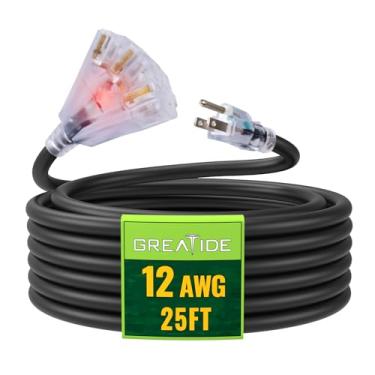 Imagem de GREATIDE Cabo de extensão iluminado para exteriores de 25 pés com 3 tomadas de energia elétrica, cabo de extensão preto resistente com tomada de terra de 3 pontas para maior