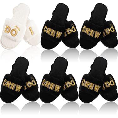 Imagem de 6 pares de chinelos de casamento Fuzzy I Do and I Do Crew Slipper Empregada e Matrona of Honor para noivas presentes de dama de honra para o dia de casamento festa de despedida de solteira, Preto/branco, Large Wide