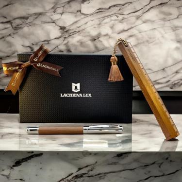 Imagem de LACHIEVA LUX Caneta esferográfica elegante de nogueira com régua/conjunto de marcadores, presente de papelaria de luxo para mulheres, homens