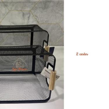 Imagem de Cesto Organizador Telado com Alça de Madeira Retangular para Alimentos