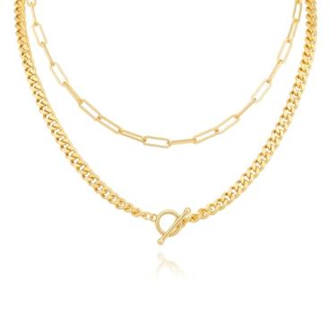 Imagem de MEIITRUE Colares em camadas para mulheres, corrente banhada a ouro 14 k, colar gargantilha moderna e delicada, fecho articulado, elos cubanos, clipe de papel, corrente para presente, One Size, Metal