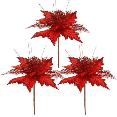 Imagem de Jogo 3 Pick Natal Flor Bico de Papagaio Vermelho Borda Glitter Luxo 25cm x 16cm