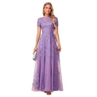 Imagem de Vestido Mãe da Noiva YOFF Tule Lace Sequin Dusty Purple