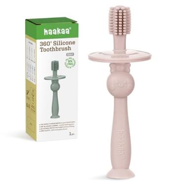 Imagem de haakaa Escova de dentes de bebê 360° com base de sucção - limpeza suave para treinamento de autoescovação infantil, silicone de grau alimentício, escudo de segurança ajustável - rosa (1 peça)