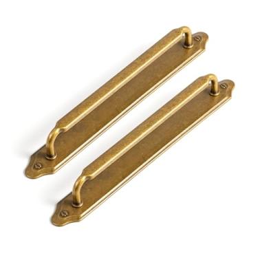 Imagem de Goo-Ki Pacote com 2 puxadores de armário com espaçador de placa traseira, orifício central de 19,5 cm, ferragens de cozinha de liga de zinco de latão antigo para gaveta de bar, 2202-GT-192-G023