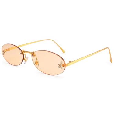 Imagem de Dollger Óculos de sol ovais modernos sem aro feminino masculino retrô Y2K armação pequena diamante anos 90 óculos escuros de designer de metal, C6: Marrom claro, Small