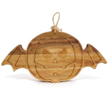 Imagem de Bandeja de servir de madeira de acácia para Halloween – Tábua de charcutaria gótica de abóbora e asas de morcego, decoração de outono reversível, 43 x 22 x 0,6 cm, travessa de queijo assustadora para