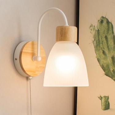 Imagem de Luminária de parede interna moderna com interruptor de cordão, luminária de parede de metal, arandela de vidro para quarto, E27, luminária de pescoço de ganso industrial, rústica, de madeira