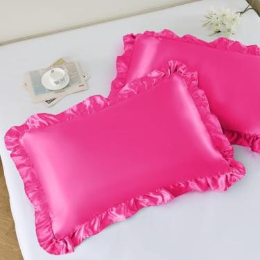 Imagem de NSGZ Conjunto de 2 fronhas de cetim com babados, fronhas sedosas de tamanho padrão para cuidados com o cabelo e a pele, fronhas de cetim fúcsia com fecho de envelope, fronhas antirrugas para decoração