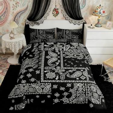 Imagem de Manfei Conjunto de edredom Paisley tamanho casal, conjunto de cama com estampa floral jacquard estilo boêmio, 3 peças, edredom preto e branco, decoração de quarto de crianças adolescentes e mulheres