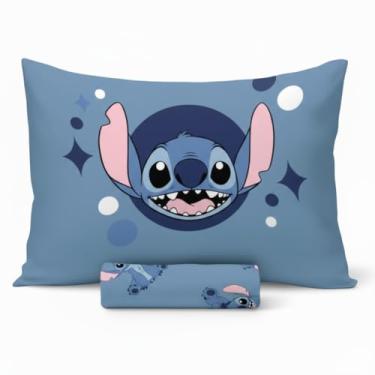 Imagem de Jogo de Lençol Solteiro 2 peças Infantil Disney Lilo & Stitch Gigante detalhes – Azul Antialergico Lençol c/Elástico Malha 70% Algodão 30% Poliéster - Fronha 100% algodão Premium