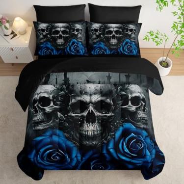 Imagem de Tuzaovy Jogo de edredom de caveira preta com 7 peças, cama king size em uma bolsa, decoração de quarto, edredom ocidental macio, boêmio, hippie, lençol de cima, fronhas e fronhas