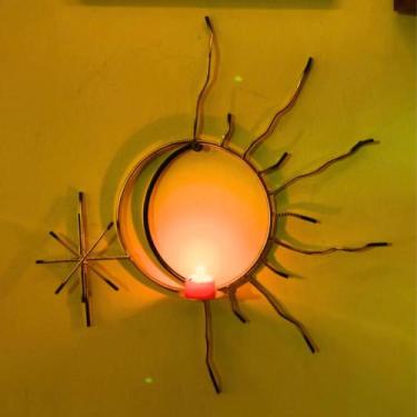 Imagem de Porta-Velas de Parede Artesanal Sol e Lua com Estrela  Ferro Dourado  