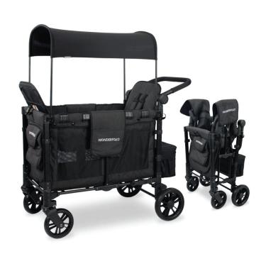 Imagem de Carrinho de Passeio para 2 Crianças Multifuncional com Cobertura Removível e Dobramento, até 90 kg, WONDERFOLD W2, Preto