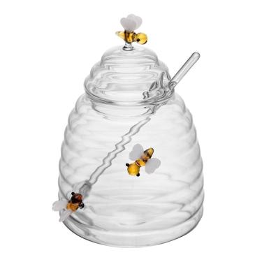 Imagem de Açucareiro de Vidro Canelado C/Colher Lovely Bee Transparente 14x10cm Lyor