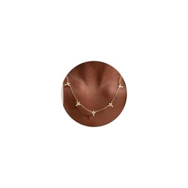 Imagem de VRIUA Colares femininos - Colar de corrente delicada banhado a ouro 14K com cinco pingentes: diamante, laço, floco de neve, cruz, flor, trevo, borboleta, coração, estrela de Davi e joia moderna