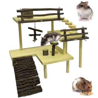 Imagem de Niwaes Conjunto de 3 níveis extra grande de madeira para hamster, playground, hamster, escalada, plataforma gerbil, animais pequenos, conjunto de atividades com escada para hamsters anões, ratos e