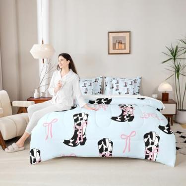 Imagem de Conjunto de cama casal de 7 peças, com laço rosa, estampa de vaca, caubói do oeste, lindo laço e laço azul, em uma bolsa com edredom, lençóis e fronhas, decoração de quarto de meninas e mulheres