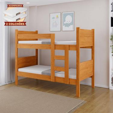Imagem de Beliche Reforçada 100% Mdf Fortaleza - Duas Camas Solteiro Compacta e Moderna Nature com 2 Colchões