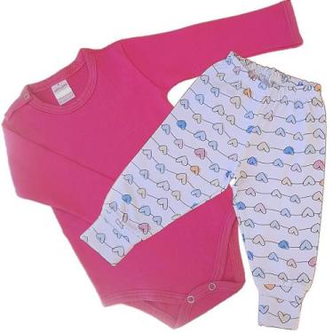 Imagem de Kit Body Infantil Manga Longa Rosa e Corações RN a G - Algodão Premium