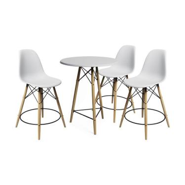 Imagem de Conjunto Bistrô Eames Eiffel Mesa Branca Com 3 Banquetas Brancas De Madeira