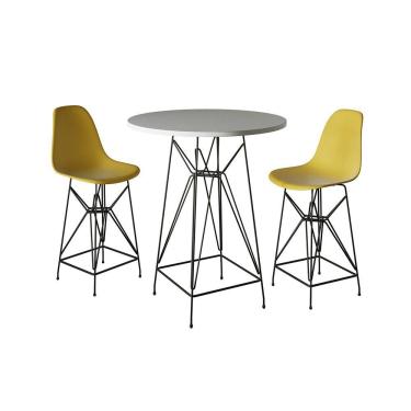 Imagem de Jogo Mesa Bistrô Eames Branca 60Cm 2 Banquetas Amarela Base Ferro Preto - Cor: Branco