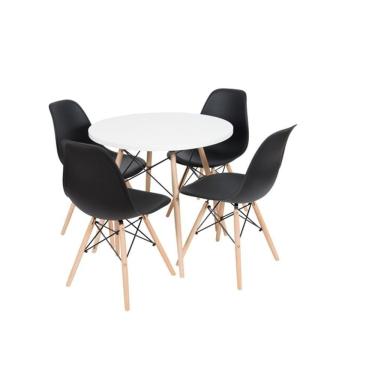 Imagem de Conjunto De Mesa De Jantar Eames Eiffel Redonda 110cm Tampo De Madeira Branco Com 4 Cadeiras Pretas