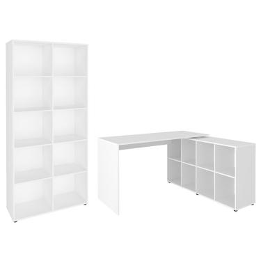 Imagem de Mesa Escrivaninha Em L Eron E Estante Livreiro 90x187cm Lean A06 Branco - Mpozenato