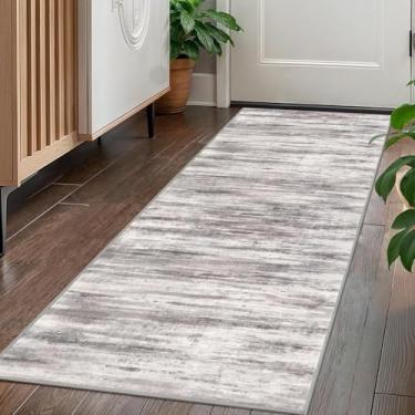 Imagem de KOZYFLY Tapete moderno abstrato lavável corredor 2x5 tapete corredor antiderrapante macio tapete de corredor de cozinha, tapete listrado cinza-bege para entrada, banheiro, lavanderia, hall de entrada