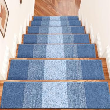 Imagem de OLANLY Escadas antiderrapantes 15 peças, 20 x 76 cm, tapetes de escada para degraus de madeira, tapetes de escada com adesivo reutilizável para crianças, idosos e animais de estimação, azul claro