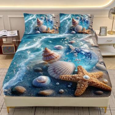 Imagem de AILONEN Jogo de lençol Queen com tema de praia, concha 3D, estrela-do-mar, pérola, oceano, litoral, praia, lençol com bolso profundo e 2 fronhas para meninos e meninas, 3 peças