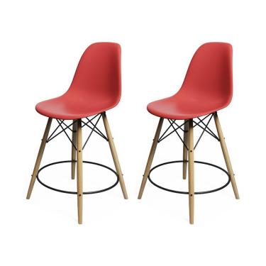 Imagem de Kit 2 Banquetas Eames Eiffel De Madeira Assento Vermelho