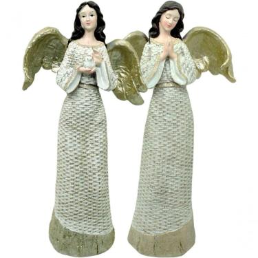 Imagem de Dupla Anjos Decoração Em Resina Glitter Branco Natal De 38cm