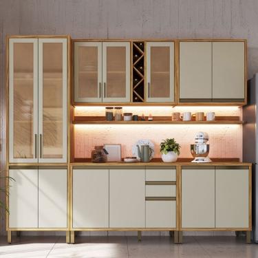 Imagem de Armário de Cozinha com Balcão e Tampo 13 Portas 3 Gavetas Pérola Premium com Prateleiras 100% Mdf Vidro Reflecta Amêndoa/Off White - Pnr Móveis