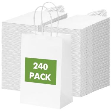 Imagem de OUTUXED 240 sacos de papel branco com alças, 13 x 8 x 20 cm, pequenos sacos de presente brancos a granel para Natal, compras, aniversário, casamento e festa de negócios