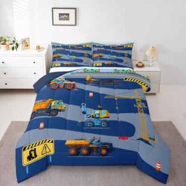 Imagem de jejeloiu Conjunto de edredom infantil com desenho de escavadeira, caminhões, tratores, carros, para decoração de quarto de crianças, meninos, meninas, microfibra, ultramacia, respirável