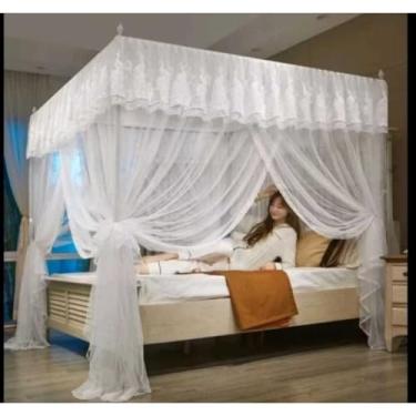 Imagem de Mosquiteiro Palácio Casal com Armação de Ferro | Renda Estilo Indiano | 3 Aberturas Laterais(Branco,Casal)