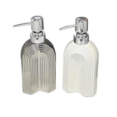 Imagem de Dispensador de sabão Frasco dispensador de sabonete cerâmica Deluxe com bomba prata para loção corporal, conjunto líquido para lavar louça, inclui 1 frasco prateado e branco