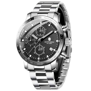 Imagem de SAPPHERO Relógios de pulso masculinos – Relógios cronógrafos para homens, aço inoxidável de luxo, relógio de quartzo à prova d'água para negócios, casual e esportes, presente elegante para ele, Prata