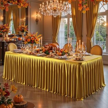 Imagem de Toalhas de mesa de cetim douradas, retangulares, 1,8 m, capas de mesa elásticas com glitter, resistente a vincos, comprimento até o chão, brilhante, saia de mesa plissada para casamentos, festas de