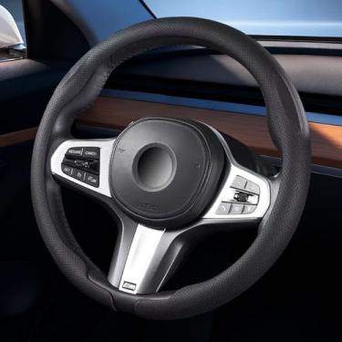 Imagem de Capas de volante de couro de carro ultrafinas respiráveis e antiderrapantes, ajuste universal para volante de 36,8 a 38 cm, preto