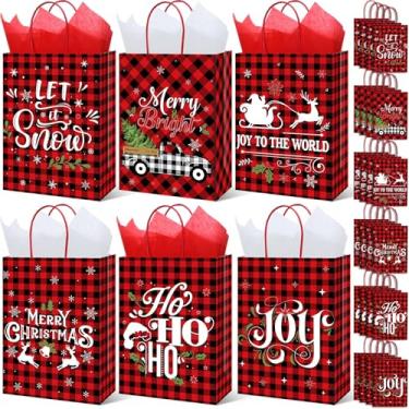 Imagem de Funrous Pacote com 24 sacos de presente de Natal com 30 peças de papel de seda vermelho preto búfalo xadrez saco de presente de Natal com alça pequena Kraft doces doces lembrancinha de festa saco de