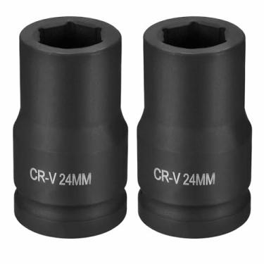 Imagem de HARFINGTON 2 soquetes de impacto de 6 pontos 2,5 cm soquete métrico de 24 mm CR-V soquete sextavado de eixo de aço para reparo de porcas de eixo de máquina, preto