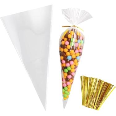 Imagem de Sacos de celofane em forma de cone, 18 x 35 cm, envoltório transparente para doces de pipoca com laços torcidos para festa de aniversário, presente de doces (100 peças)
