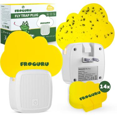 Imagem de FROGURU Armadilha de moscas para uso interno com 14 refis adesivos (pacote com 2) - Armadilha para moscas internas sem odor fácil de usar para casa com luz LED amarela - captura insetos como moscas da