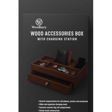Imagem de Caixa organizadora de acessórios de madeira com estação de carregamento integrada – Mesa de madeira e cômoda valet/bandeja de joias com gaveta.