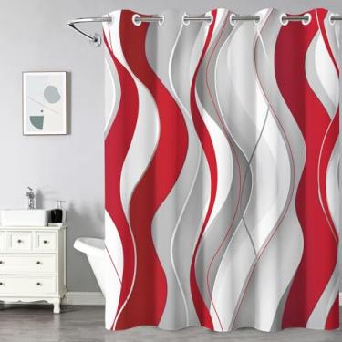 Imagem de KINUUIS Cortina de chuveiro listrada vermelha 71 x 74 sem ganchos, fácil instalação, cortinas de chuveiro cinza vermelho para banheiro, cortina de banheiro geométrica à prova d'água para casas
