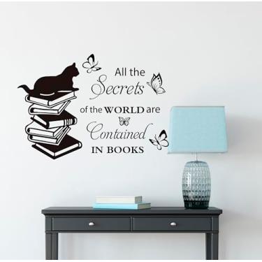 Imagem de Adesivo de parede com tema de leitura de livros de borboleta de gato, todos os segredos do mundo, citações motivacionais inspiradoras, adesivos de parede, mural de vinil para quarto de criança, sala